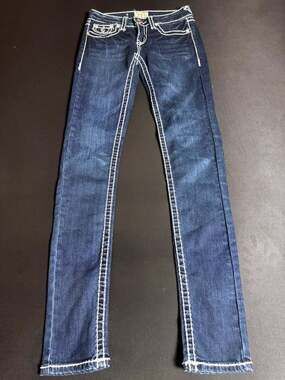 LA Idol USA Women's Dark Wash Embroidered Skinny Jeans with Rhinestone Accents